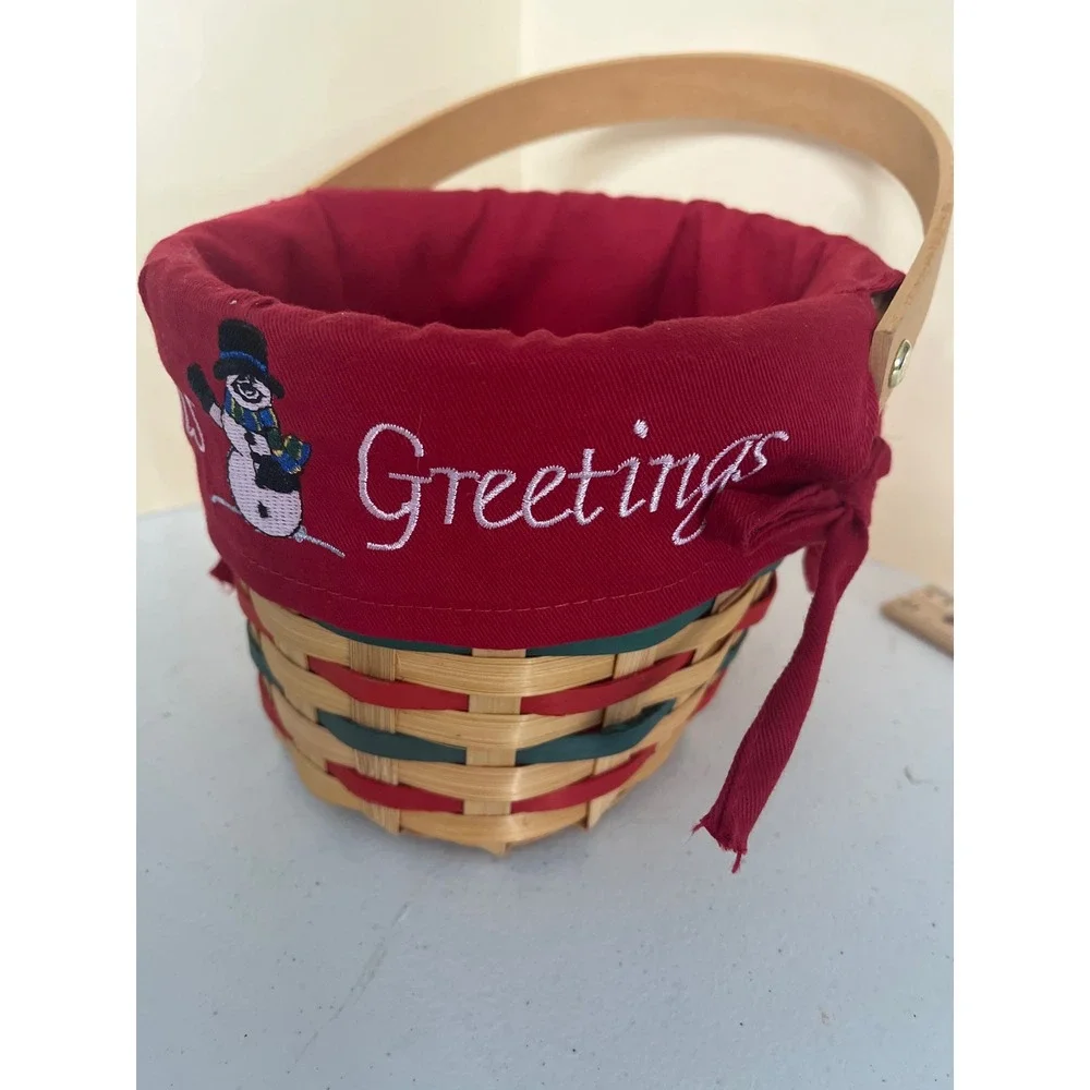 Christmas Seasons Greetings Woven Basket with Snowman Liner and Wood Handle